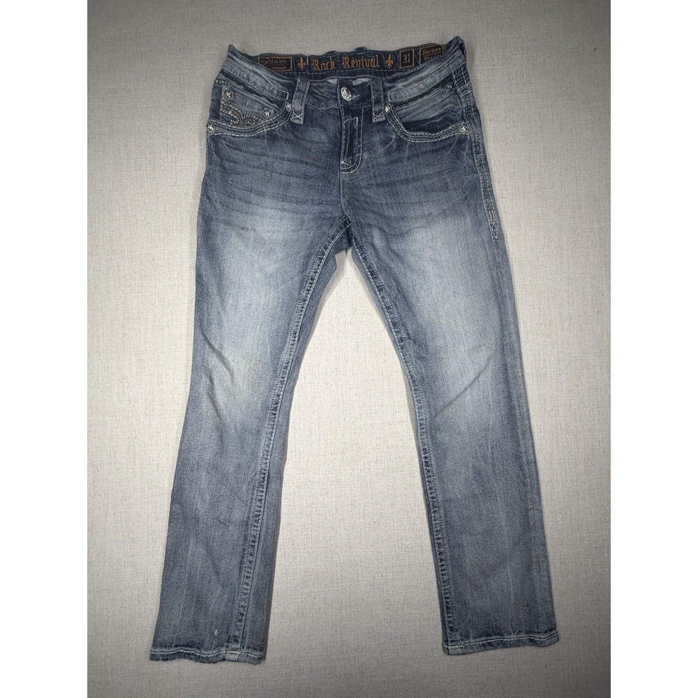 Rock Revival Harmon Straight Jeans 31x32 Distressed Denim Embroidered